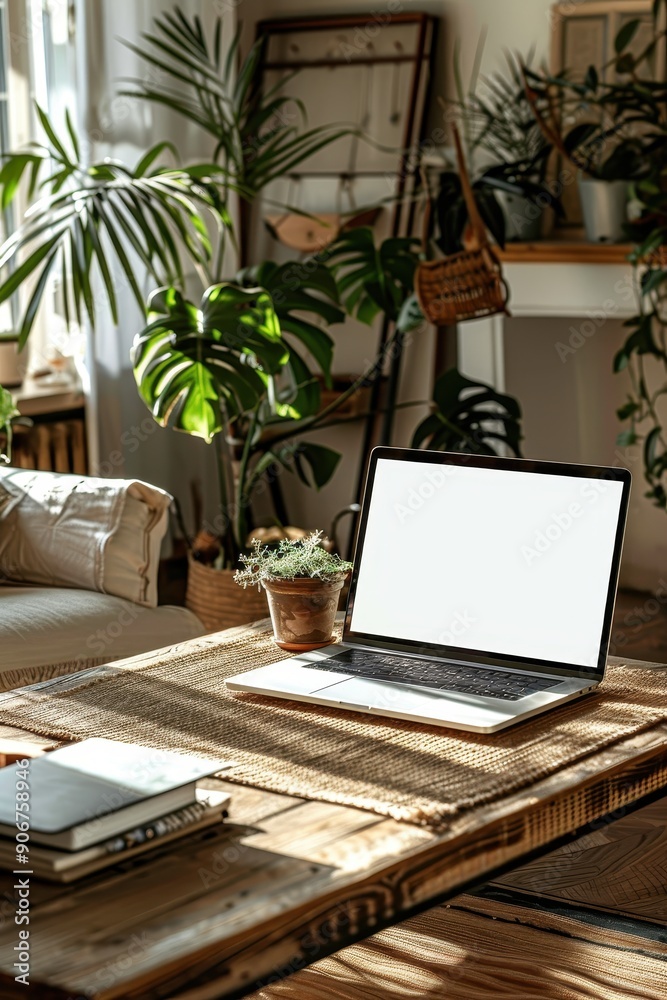 Fototapeta premium Cozy Home Office with Laptop on Wooden Desk Surrounded by Indoor Plants and Natural Light