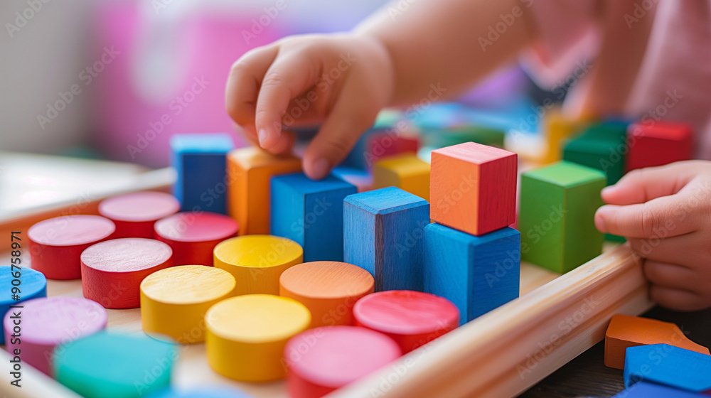 A child playing with colorful wooden geometric blocks on a table, showcasing early childhood learning and development.