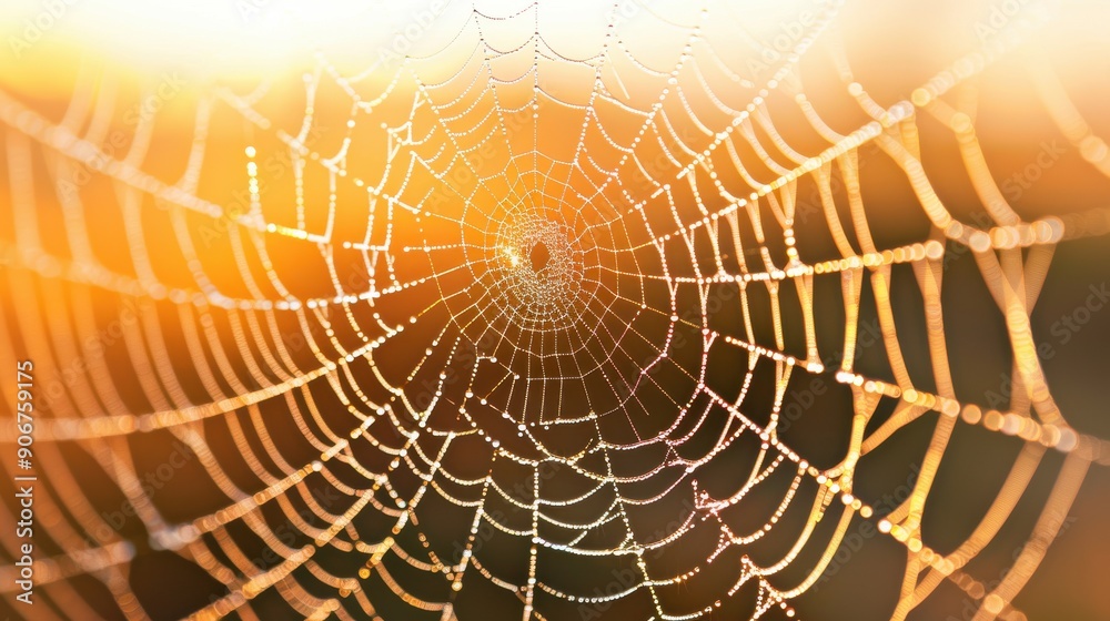 Naklejka premium Spider Web with Dew at Sunrise