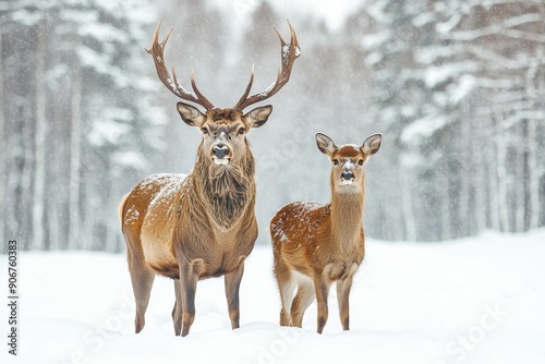 Red Deer Buck and Young Hind in Winter Snow, Christmas Scene with Forest Background