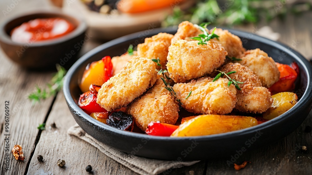 Nuggets served with a side of roasted vegetables, presented in a rustic setting with a wooden table and natural light Nuggets served with a side of roasted vegetables, presented in a rustic setting with a wooden table and natural light