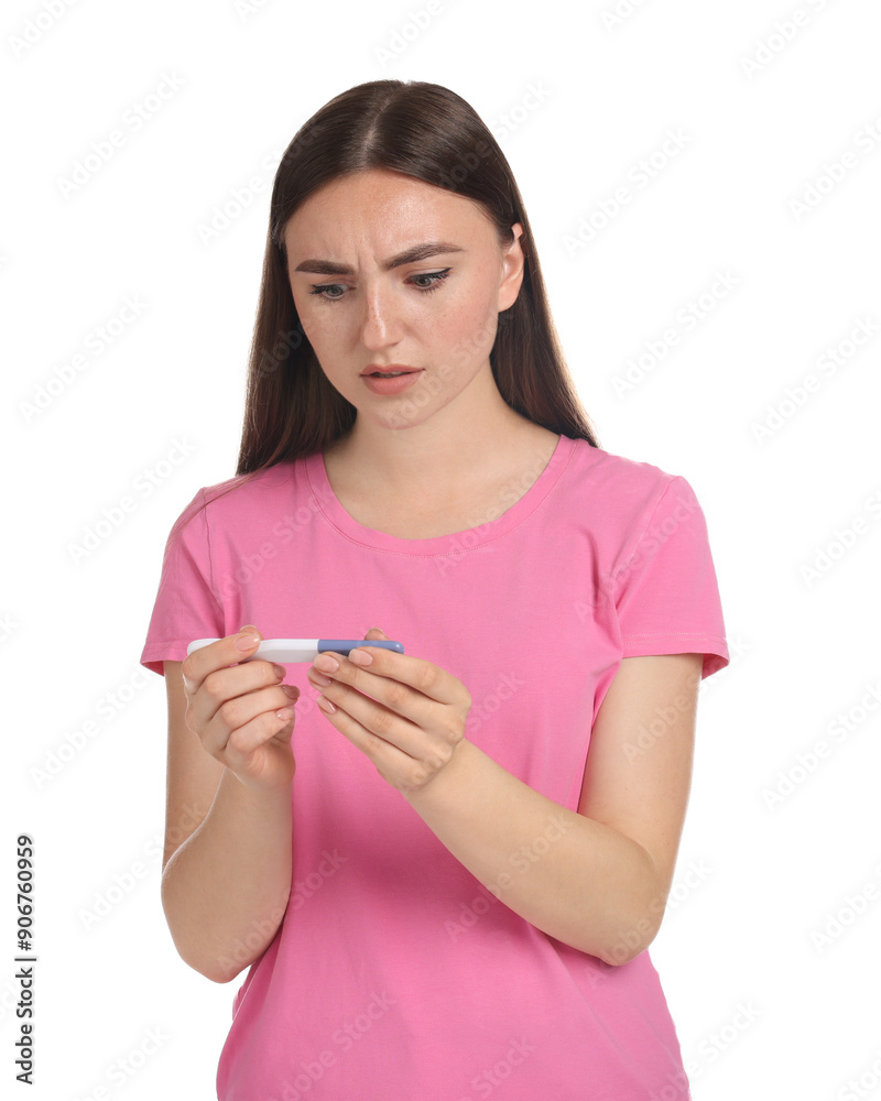 Confused woman holding pregnancy test on white background Confused woman holding pregnancy test on white background