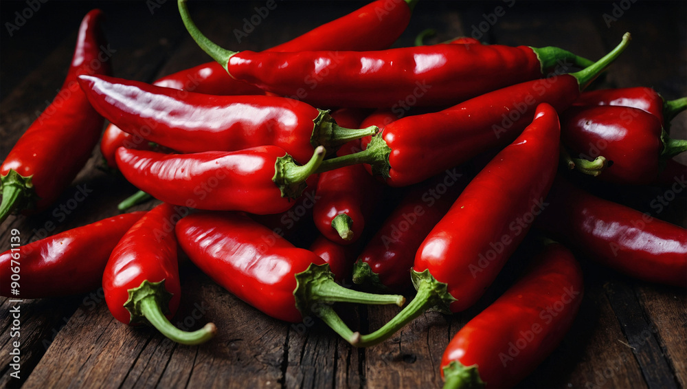 A pile of fresh red chilies on a dark wooden background. A pile of fresh red chilies on a dark wooden background.