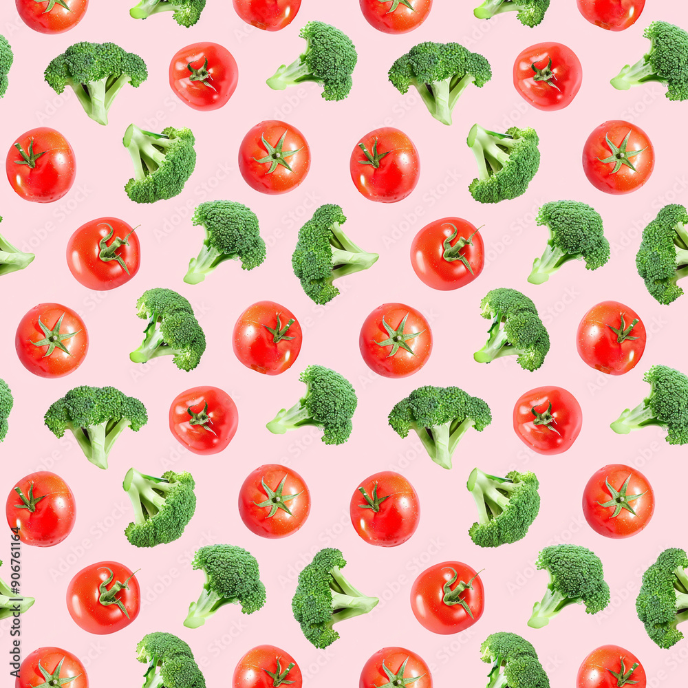 Seamless pattern with red tomatoes and broccoli on pink background. Seamless pattern with red tomatoes and broccoli on pink background.