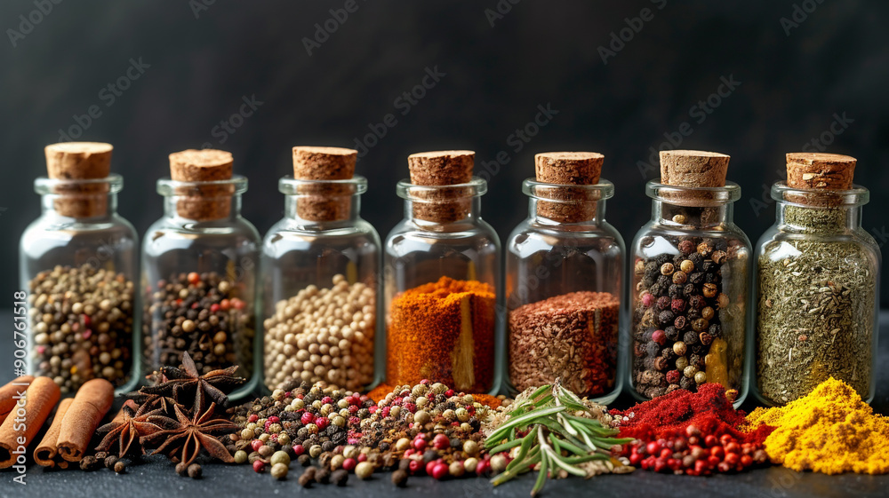 A collection of exotic spices and herbs arranged in small glass jars against a dark background. A collection of exotic spices and herbs arranged in small glass jars against a dark background.