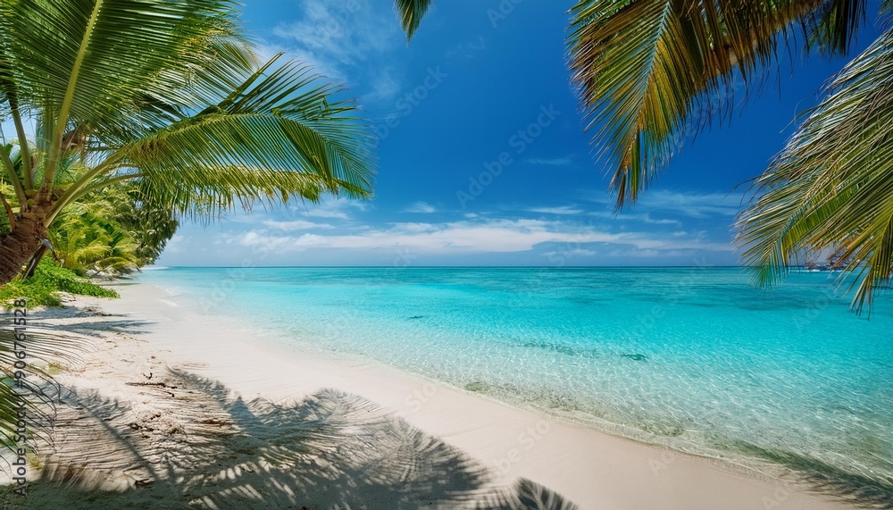 A tranquil beach scene with crystal-clear turquoise water gently lapping against pristine white sand, framed by lush green palm trees and a bright blue sky.
A tranquil beach scene with crystal-clear turquoise water gently lapping against pristine white sand, framed by lush green palm trees and a bright blue sky.