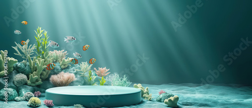 A serene underwater scene featuring coral, vibrant fish, and soft light beams illuminating a circular platform. photo