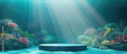 A serene underwater scene featuring vibrant corals and a spotlight effect on a circular platform, creating a tranquil atmosphere. photo