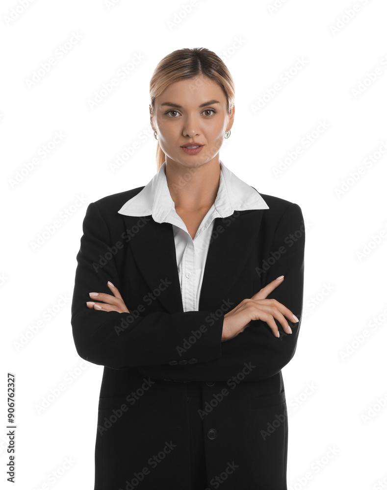 Beautiful woman in stylish black suit on white background Beautiful woman in stylish black suit on white background