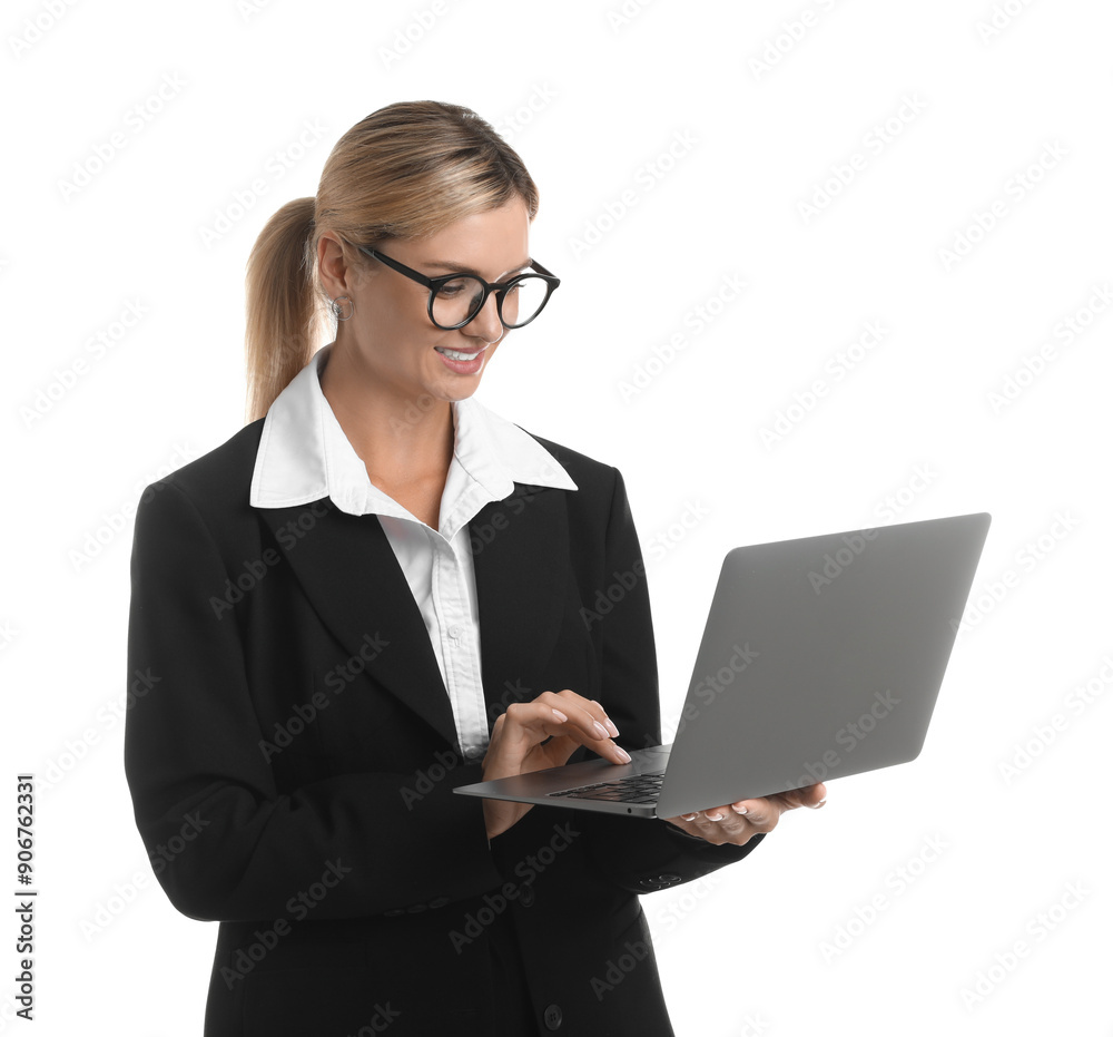 Beautiful woman in stylish black suit using laptop on white background Beautiful woman in stylish black suit using laptop on white background
