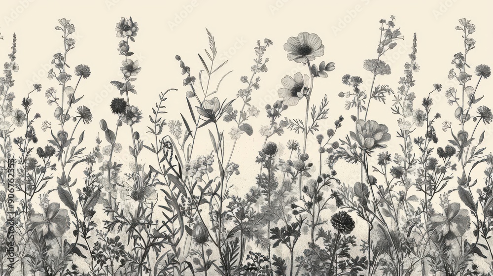 Fototapeta premium A detailed monochrome drawing of wildflowers