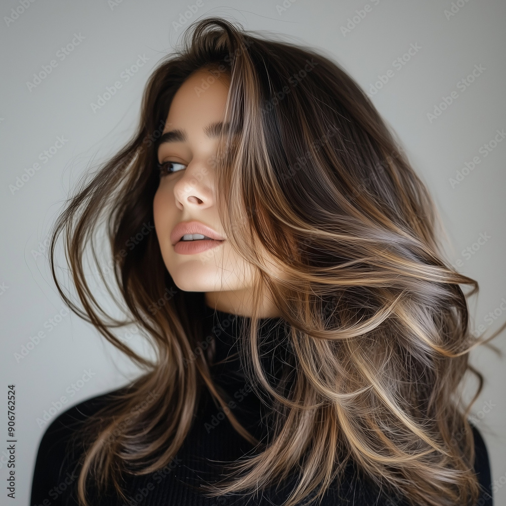 Photo of a beautiful woman with long hair flowing in the wind on a gray background Photo of a beautiful woman with long hair flowing in the wind on a gray background