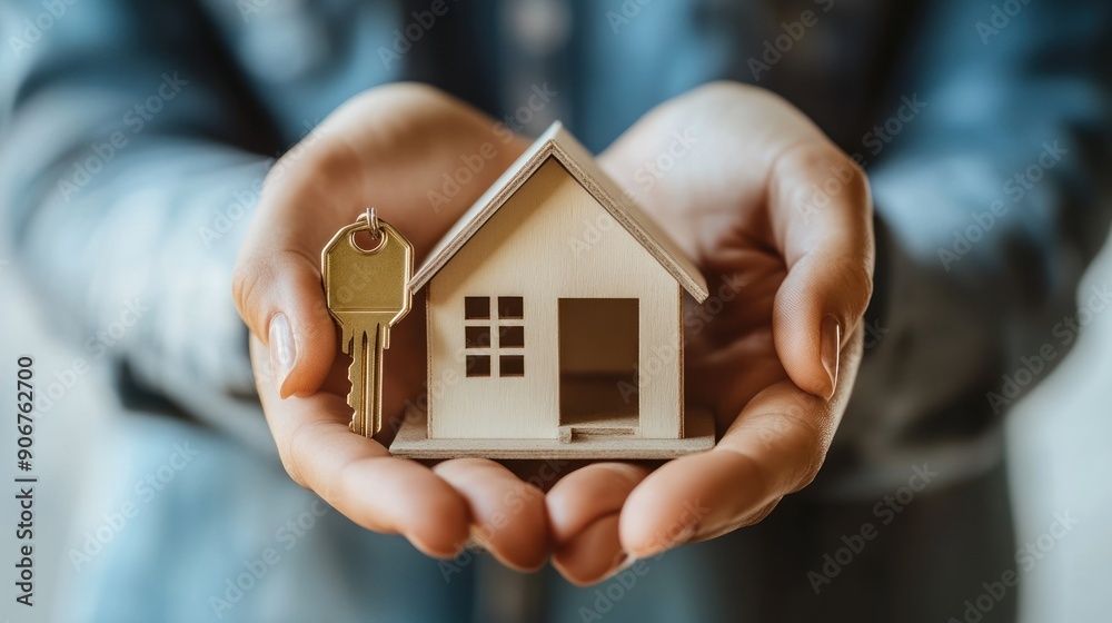 Hand Holding Wooden House Model with Key Hand Holding Wooden House Model with Key