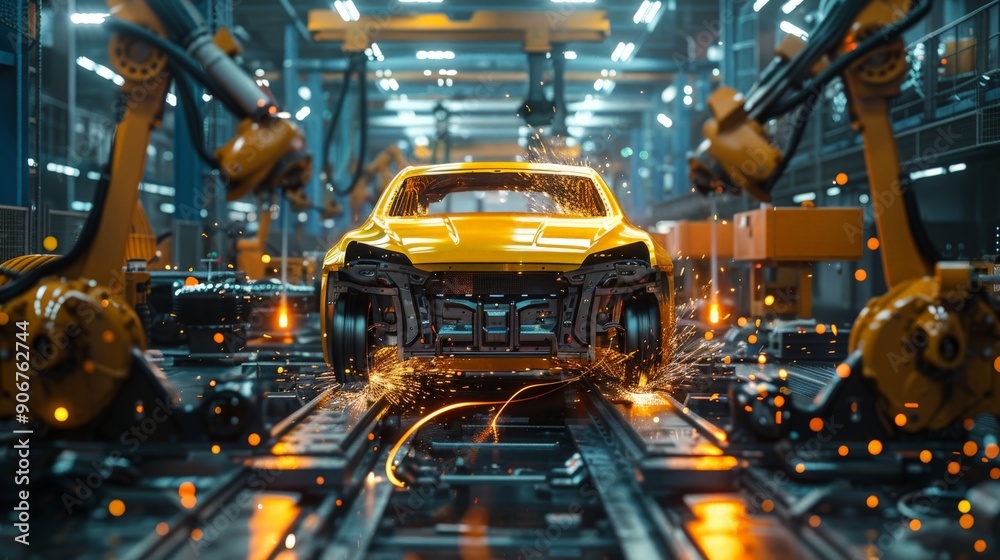 Assembly line and car assembly line with robots welding car steel in a car factory Assembly line and car assembly line with robots welding car steel in a car factory