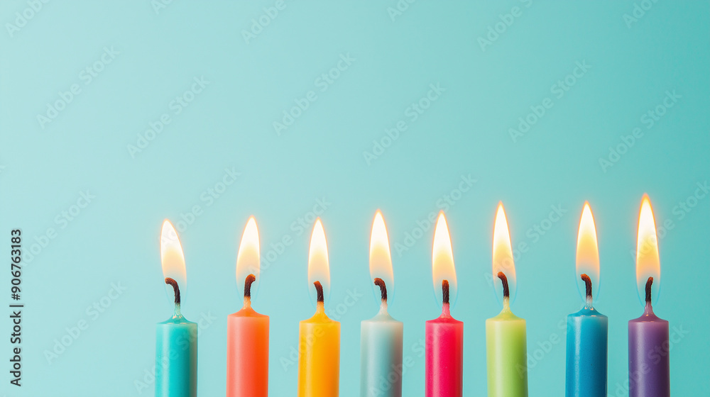 A row of colorful birthday candles lit against a blue background, symbolizing celebration and joy. A row of colorful birthday candles lit against a blue background, symbolizing celebration and joy.