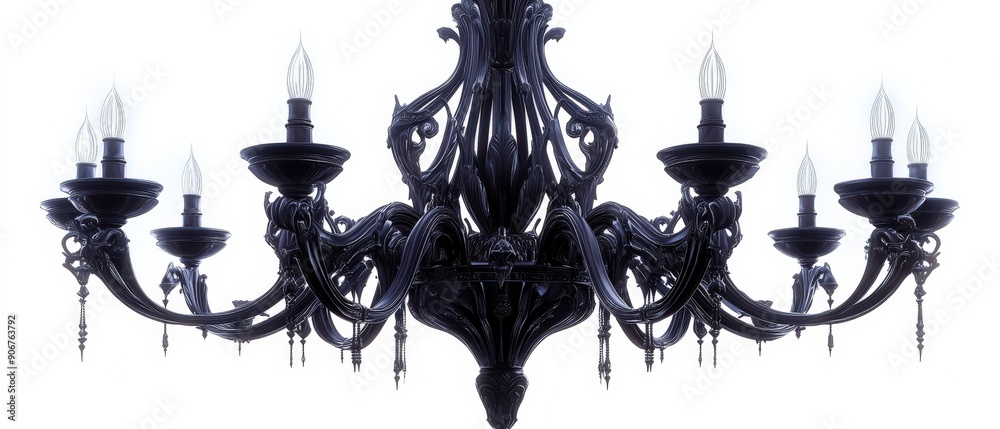 Elegant black chandelier with ornate design and multiple light fixtures, perfect for enhancing interior ambiance and sophistication. Elegant black chandelier with ornate design and multiple light fixtures, perfect for enhancing interior ambiance and sophistication.