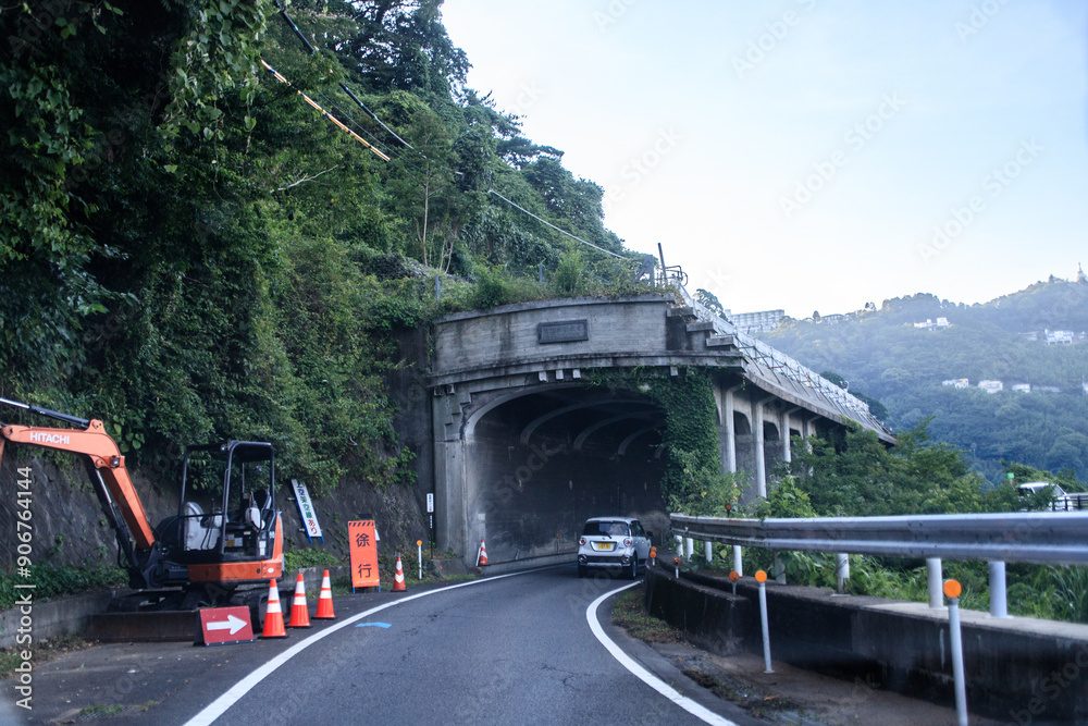 Fototapeta premium Curving Road Leading to a Mountain Tunnel Entrance