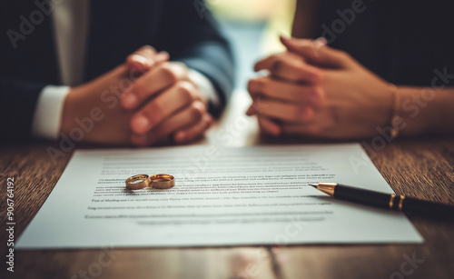 A couple with wedding rings signing divorce papers, representing separation, legal processes, and emotional complexity.