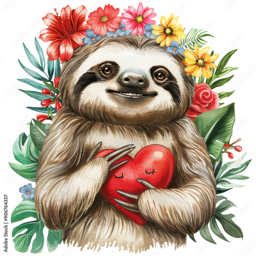 Obraz premium A sloth is holding a heart in its mouth. The image has a happy and playful mood