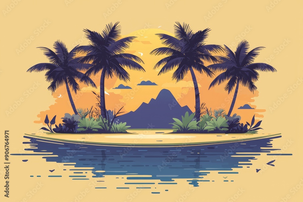 Obraz premium Tropical Sunset Island Landscape with Palm Trees and Calm Water