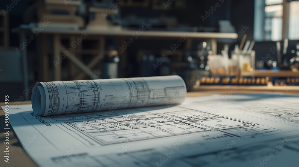 Rolled-up architectural blueprints on a table, highlighting design and planning concepts.