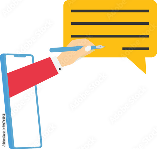 Business team and hand human holding pencil and writing message or email on speech bubble. Written communication. Flat vector illustration

