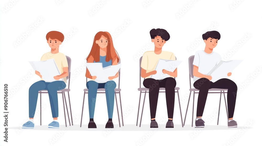 Four People Sitting and Reading on Chairs Four People Sitting and Reading on Chairs