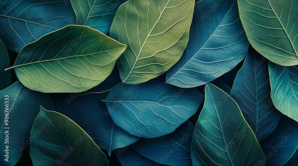 Obraz premium A collection of overlapping blue leaves, creating a serene and calming abstract texture.