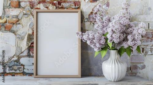 White lilac flowers in vase by brick wall with empty frame mockup for modern art presentation