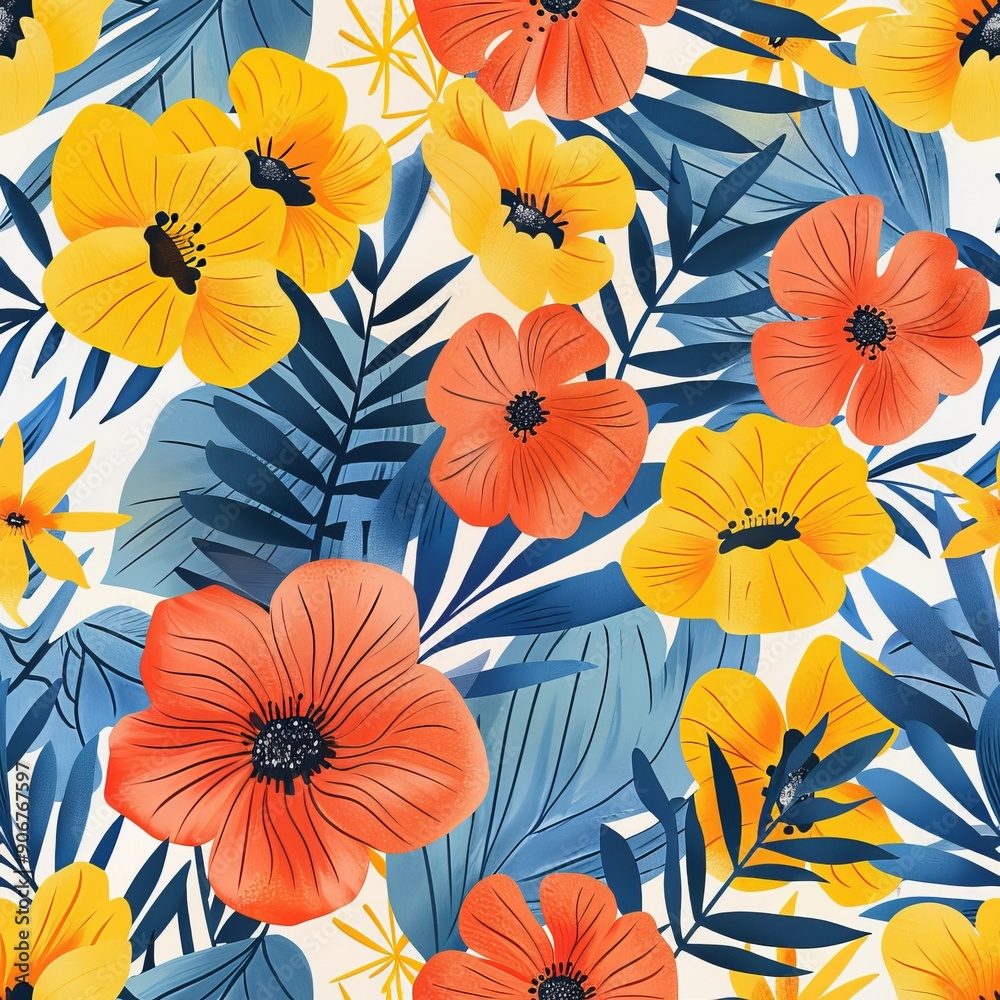 Seamless floral pattern with bright poppies and palm leaves. Seamless floral pattern with bright poppies and palm leaves.
