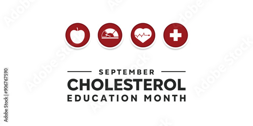 National  Cholesterol Education Month. Apple, meter, hearbeat and plus icon. Great for cards, banners, posters, social media and more. White background.