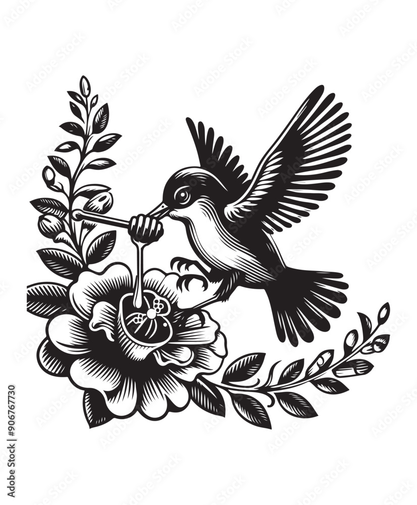 Obraz premium A bird in flight eating honey from a flower vector style, black and white color