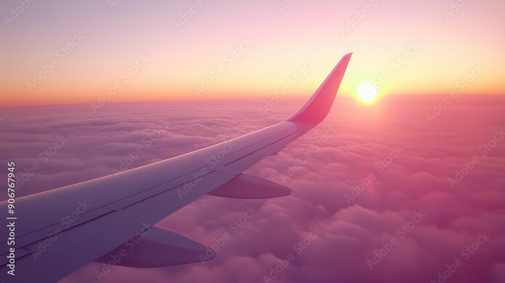 Obraz premium An airplane wing captured from a window, flying above a sea of clouds at sunset, illustrating travel and adventure.