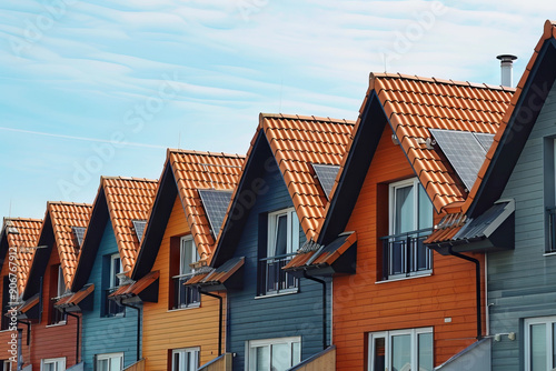 Row of vibrant, colorful townhouses with orange tiled roofs under a clear blue sky, illustrating modern urban residential architecture.