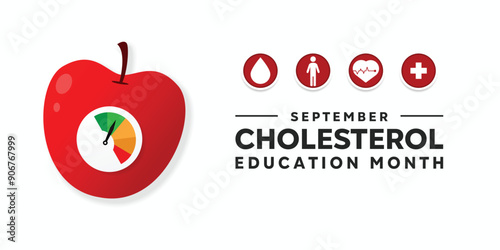 National  Cholesterol Education Month. Apple, blood, people, heartbeat and plus icon. Great for cards, banners, posters, social media and more. White background.