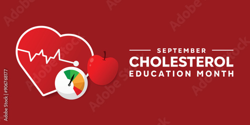 National  Cholesterol Education Month. Heart, Meter and Apple. Great for cards, banners, posters, social media and more. Red background.