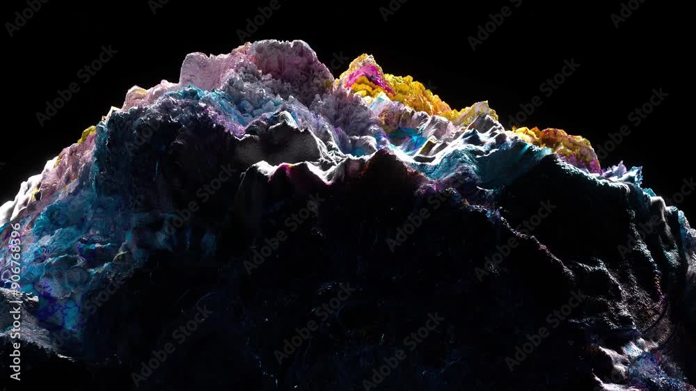 3d render of abstract art video animation with surreal mineral geology stone object ocean coral reef or asteroid in organic forms in deformation process in the dark in blue purple and white mix color 