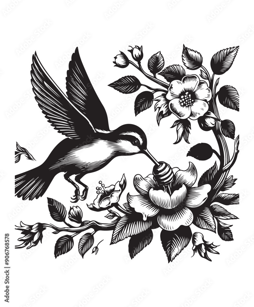 Obraz premium A bird in flight eating honey from a flower vector style, black and white color