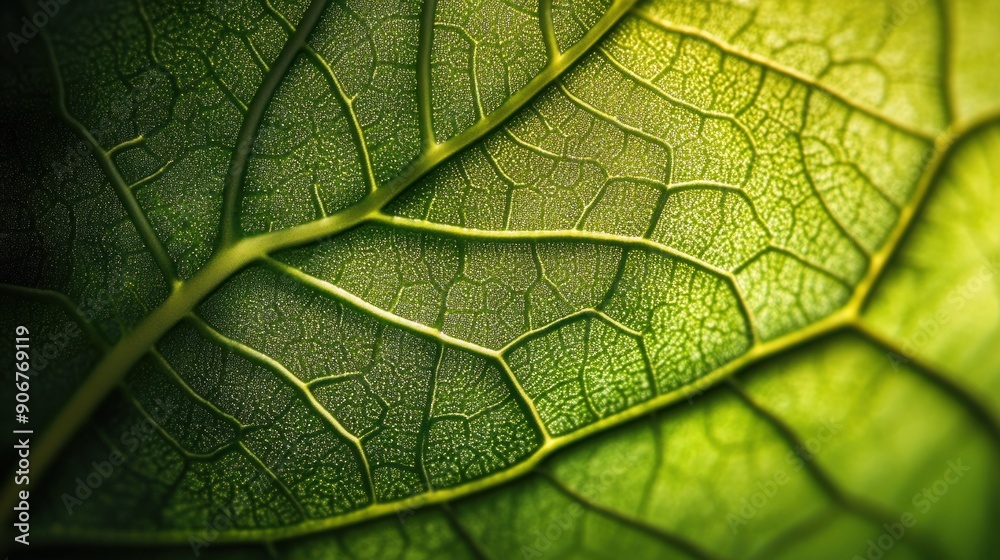 Close-up of a Green Leaf with Veins and Tiny Droplets Close-up of a Green Leaf with Veins and Tiny Droplets
