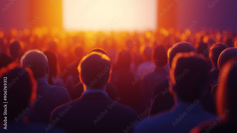 An audience sitting in a dimly lit theater watching a performance on stage with a warm orange glow. An audience sitting in a dimly lit theater watching a performance on stage with a warm orange glow.