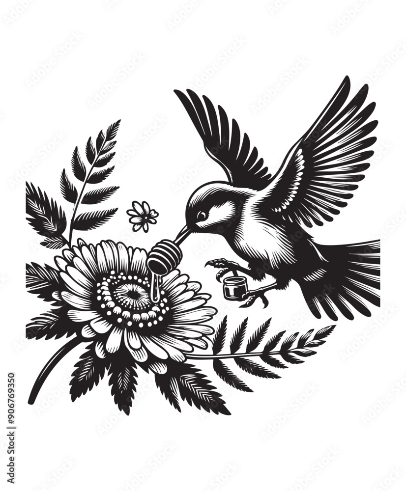 A bird in flight eating honey from a flower vector style, black and white color A bird in flight eating honey from a flower vector style, black and white color