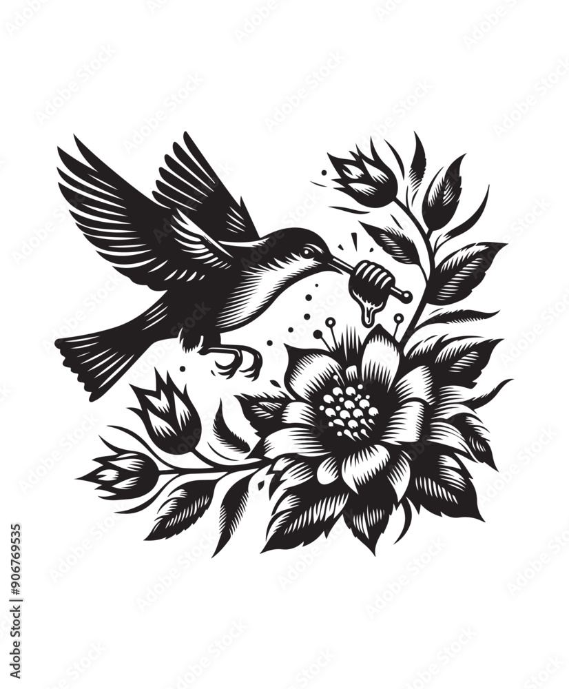 Obraz premium A bird in flight eating honey from a flower vector style, black and white color