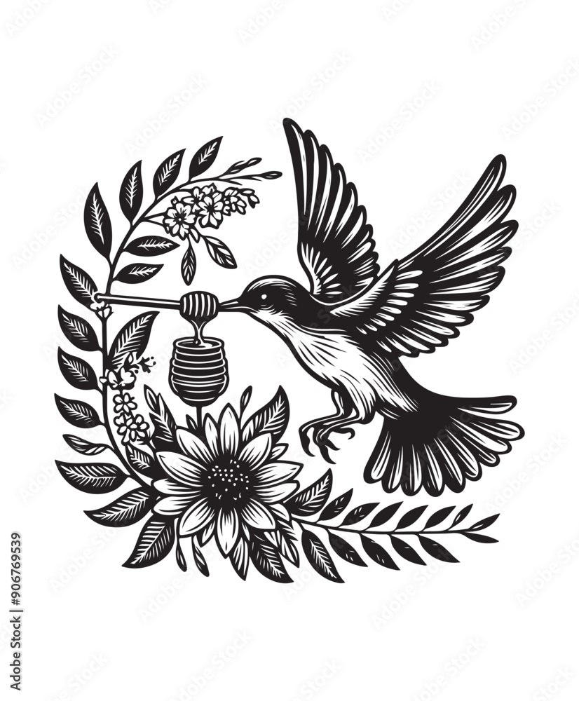 A bird in flight eating honey from a flower vector style, black and white color A bird in flight eating honey from a flower vector style, black and white color
