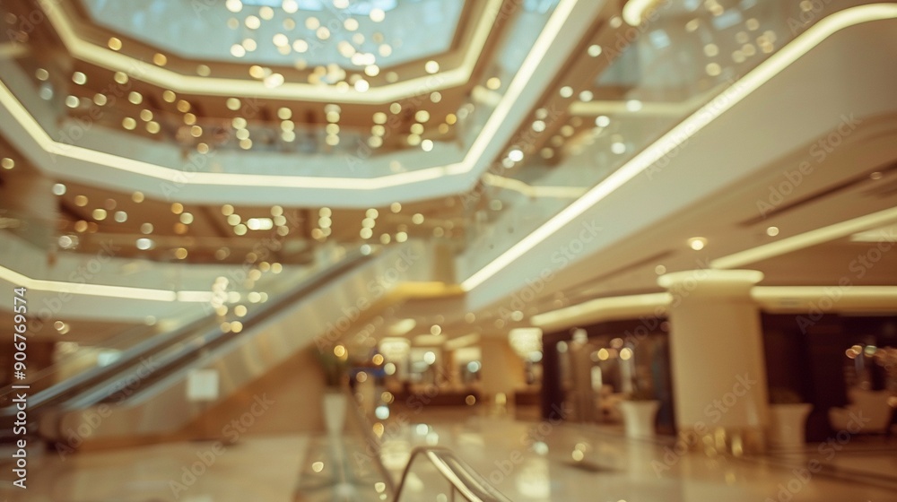 Blurred interior of a luxurious shopping mall with multiple levels, illuminated by warm glowing lights. Escalators and architectural details create a dreamy, opulent atmosphere. Blurred interior of a luxurious shopping mall with multiple levels, illuminated by warm glowing lights. Escalators and architectural details create a dreamy, opulent atmosphere.