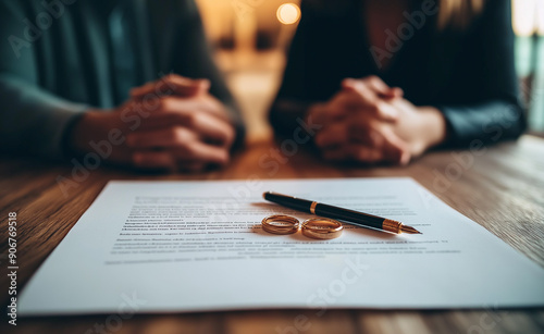 A divorce or legal separation document with a pair of wedding rings and a pen, with a couple sitting in the background.


