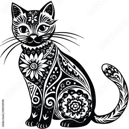 Ornate Black and White Sitting Cat with Floral Designs