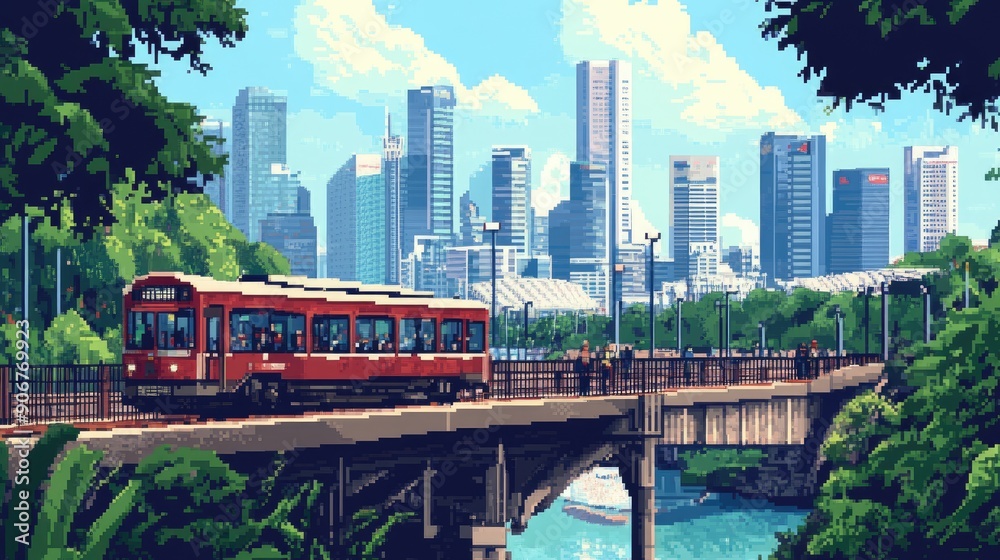 Naklejka premium 8-bit pixel art of Singapore, showcasing the city in a nostalgic vintage game style