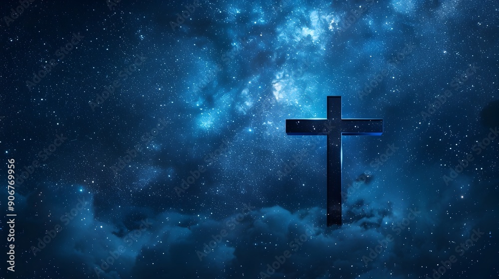 Glowing Cross Silhouetted Against Dramatic Starry Night Sky Celestial and Infinite Religious Symbol