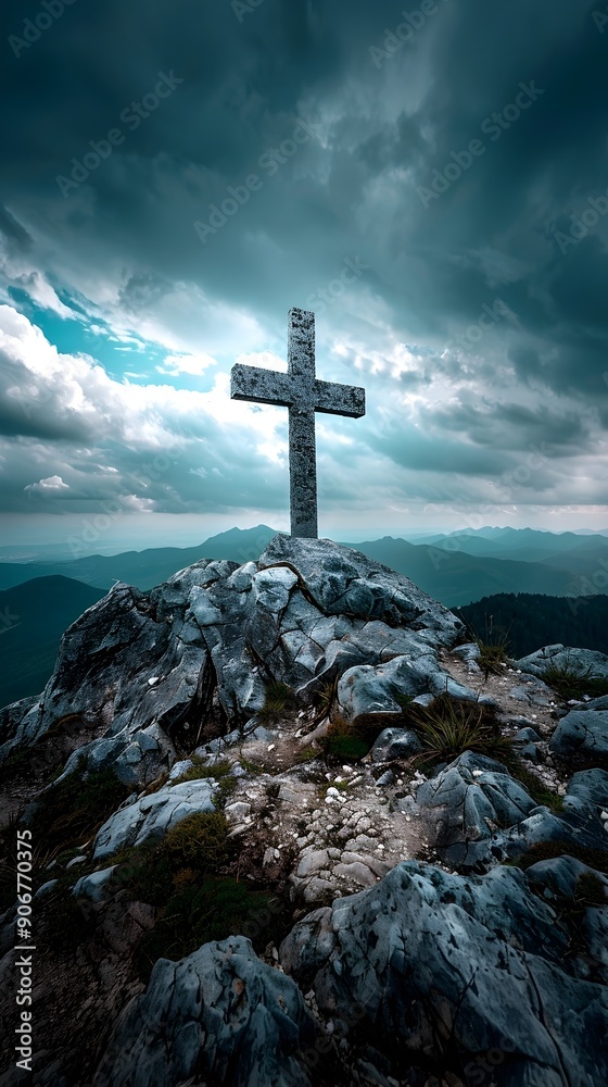 Dramatic Cross on Mountain Peak with Powerful Sky
