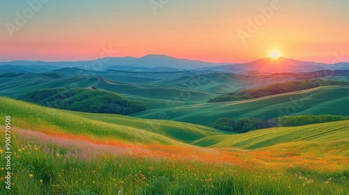 Breathtaking Panoramic View of Rolling Hills and Meadows at Sunset